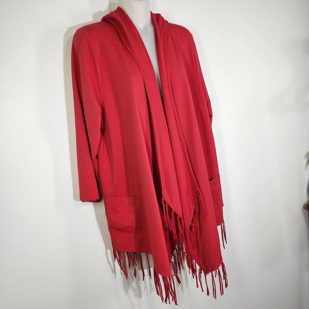 Chicos Zenergy Women’s Sweater Open Cardigan Hooded 3/4 Sleeve Fringe Red Large - Picture 4 of 10